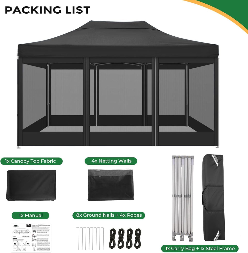 COBIZI 10x15 Heavy Duty Pop Up Canopy with 4 Sidewalls, Commercial Gazebo Party Tent with Mosquito Netting Wall Easy Set Up Outdoor Instant Screen Tent for Backyard, Patio, Garden, Black