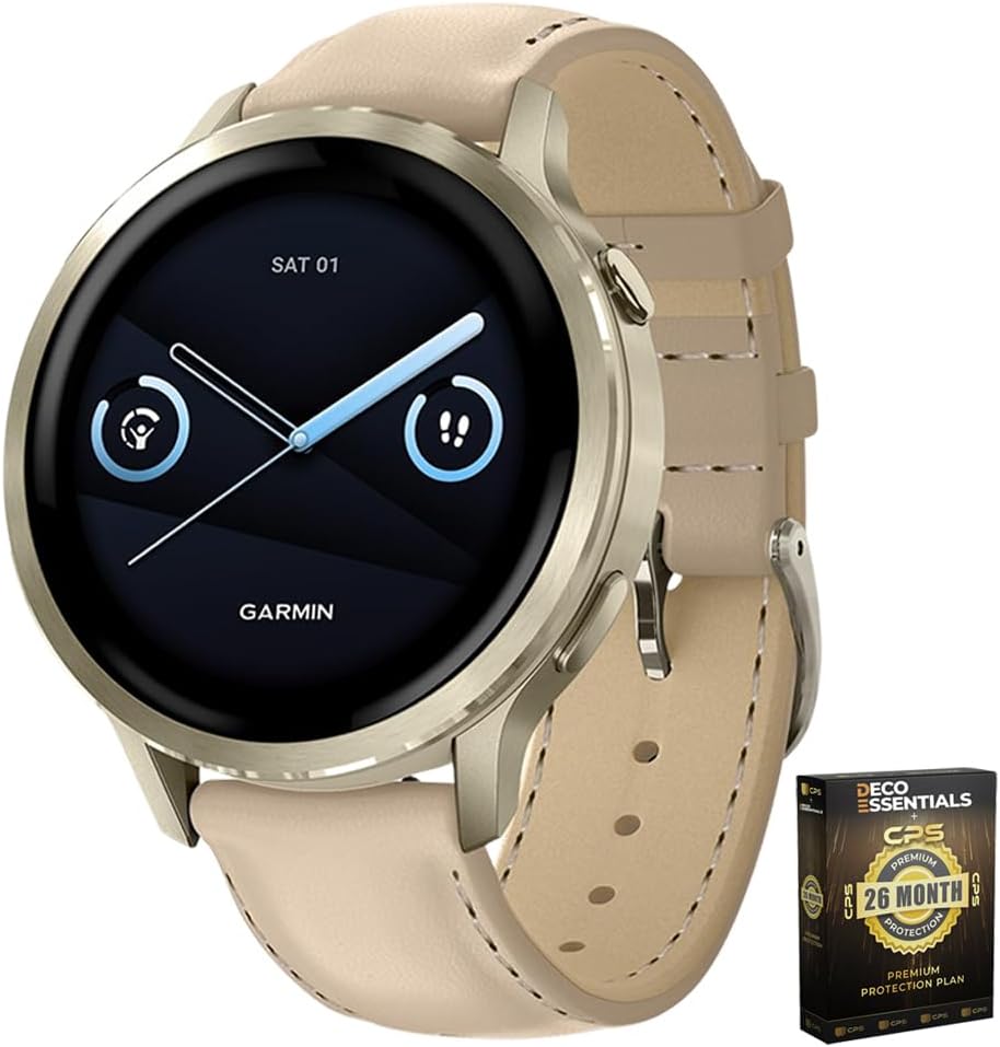 Garmin 010-03013-03 Venu 4, 41mm Smartwatch, Lunar Gold with Bone Band and Light Sand Leather Band Bundle with Deco Essentials Exclusive 26 Month CPS Enhanced Protection Pack