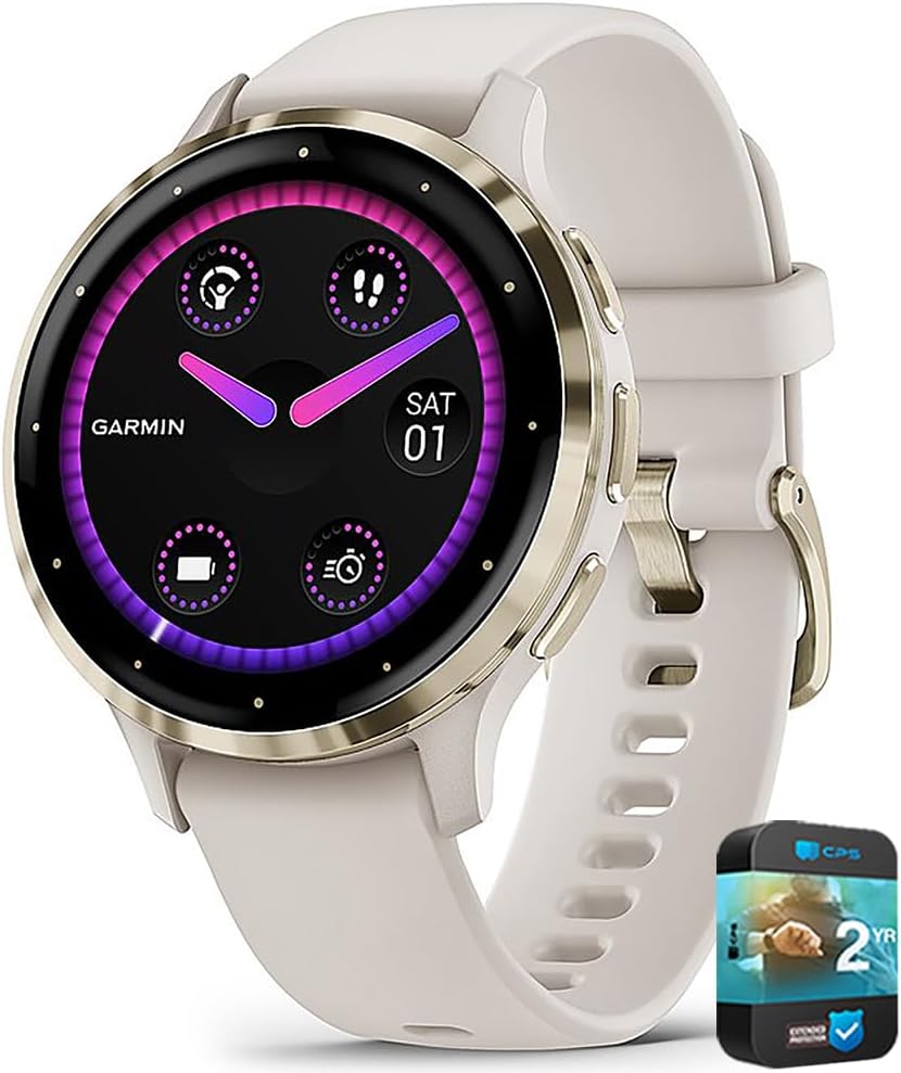 Garmin 010-N2785-04 Venu 3S Fitness GPS Smartwatch Gold Bezel with Ivory Case 41mm (Renewed) Bundle with 2 YR CPS Enhanced Protection Pack