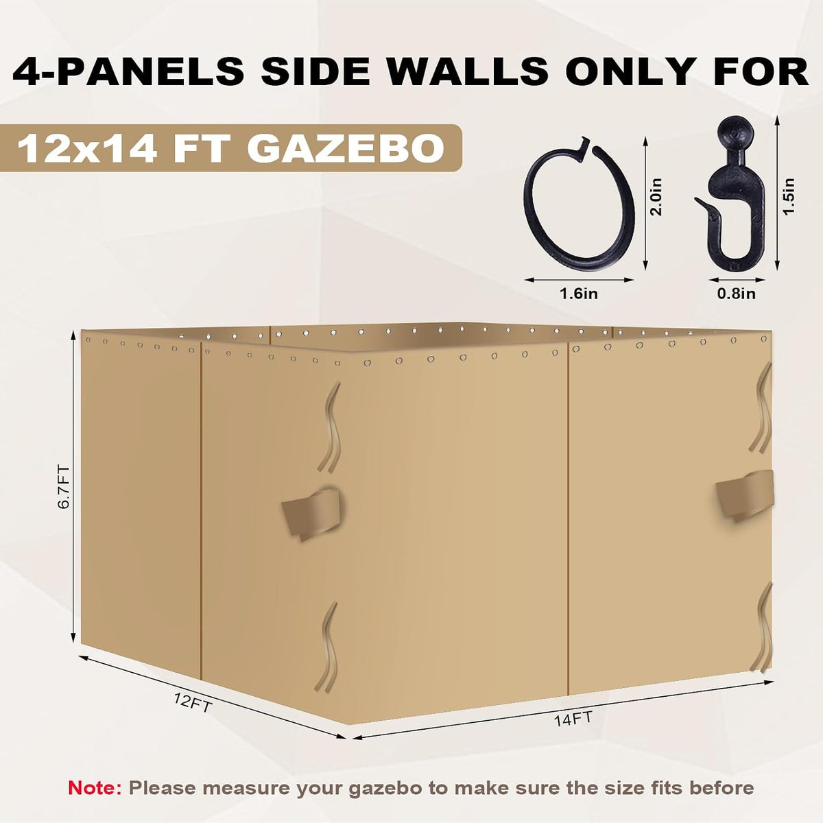 slashome 12'x14' Gazebo Curtains Outdoor Waterproof, Khaki Universal Replacement Curtain 4-Panels, Sidewalls with Zipper for Garden, Patio, Yard (Only Curtains)
