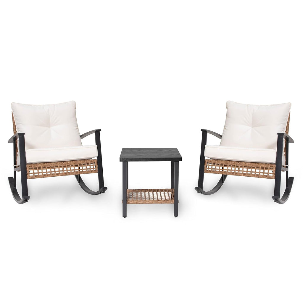 LAUSAINT HOME 3-Piece Rocking Bistro Set, Outdoor Patio Furniture with Thick Cushions and 2-Tier Coffee Table, Oversize Rattan Conversation Set for Garden, Balcony, Backyard (Beige)