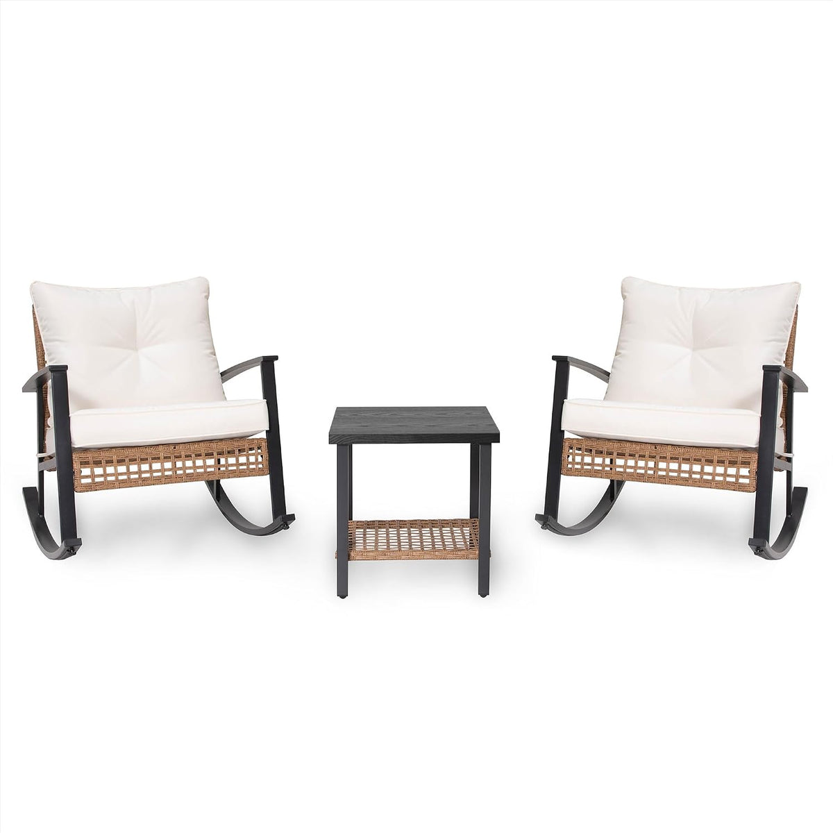 LAUSAINT HOME 3-Piece Rocking Bistro Set, Outdoor Patio Furniture with Thick Cushions and 2-Tier Coffee Table, Oversize Rattan Conversation Set for Garden, Balcony, Backyard (Beige)