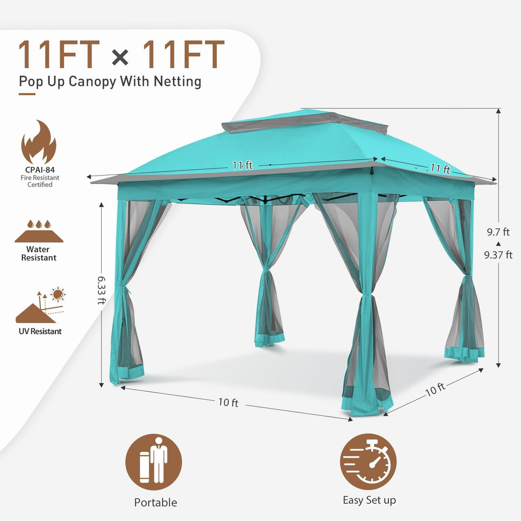 COOS BAY 11x11 Pop Up Gazebo with Mesh Netting, Instant Outdoor Canopy Tent, Water Resistant Shelter with UPF 50+ UV Protection, 121 Sq Ft Coverage, Aqua Blue