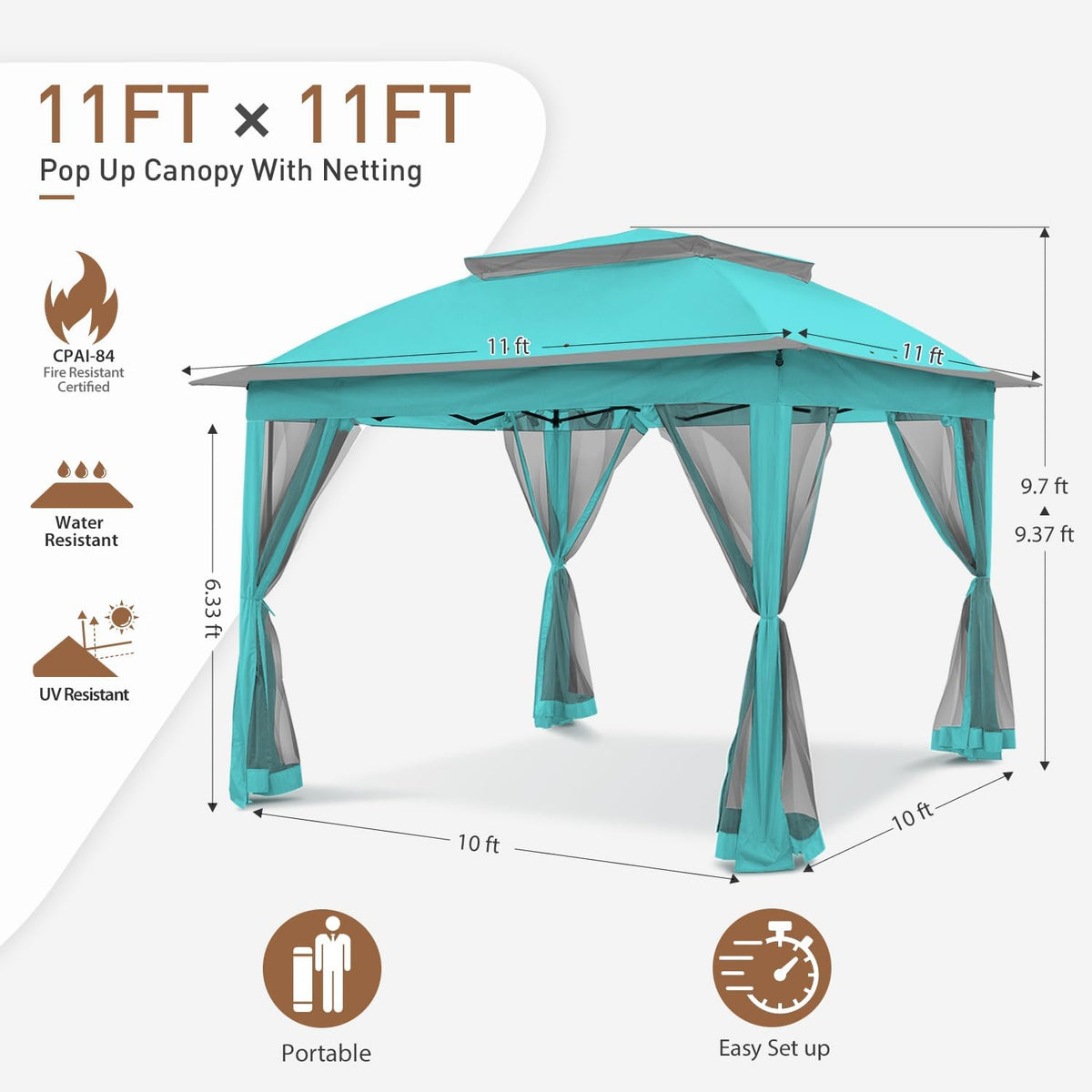 COOS BAY 11x11 Pop Up Gazebo with Mesh Netting, Instant Outdoor Canopy Tent, Water Resistant Shelter with UPF 50+ UV Protection, 121 Sq Ft Coverage, Aqua Blue