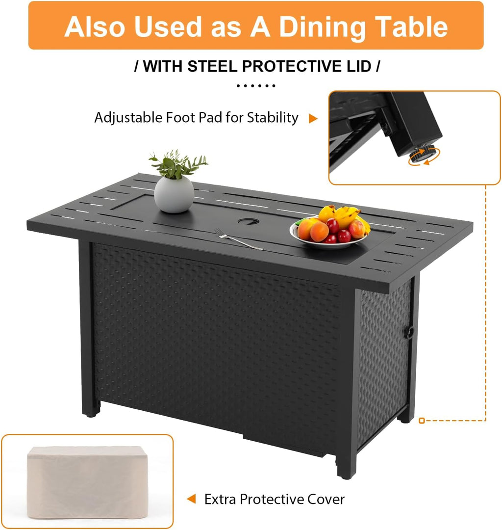 Super Patio 8 Pieces Outdoor Patio Furniture Set with 45' Fire Pit Table, Rattan Patio Conversation Sets with 50000 BTU Gas Fire Pit, Wicker Sectional Sofa Set with Storage Box, Gray (Without Table)