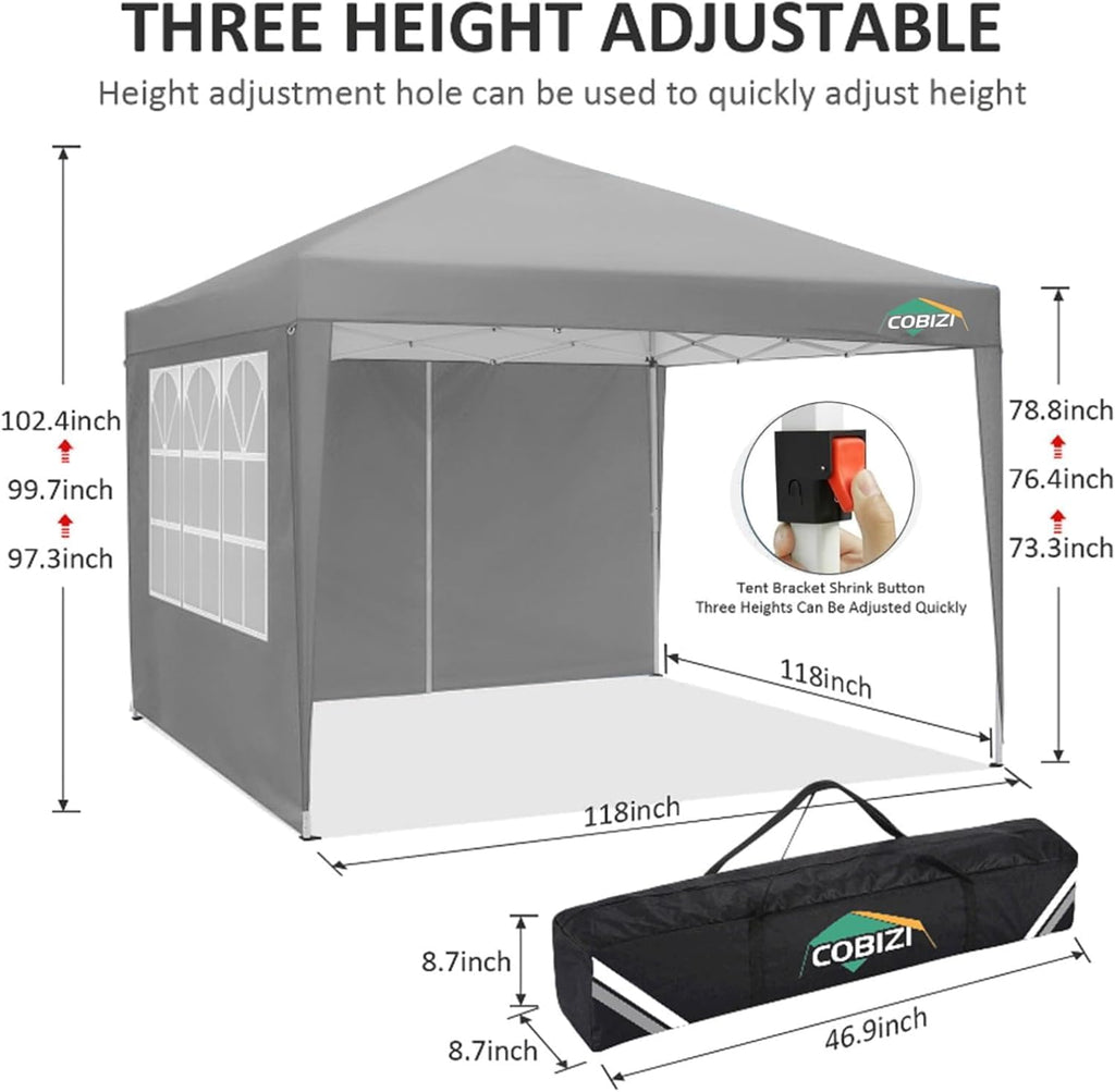 COBIZI 10x10 Pop Up Canopy Tent with 4 Sidewalls Party Tents Waterproof UPF 50+ Commercial Instant Outdoor Events Tent for Parties Markets Backyard, Ropes（10 x 10 ft Gray