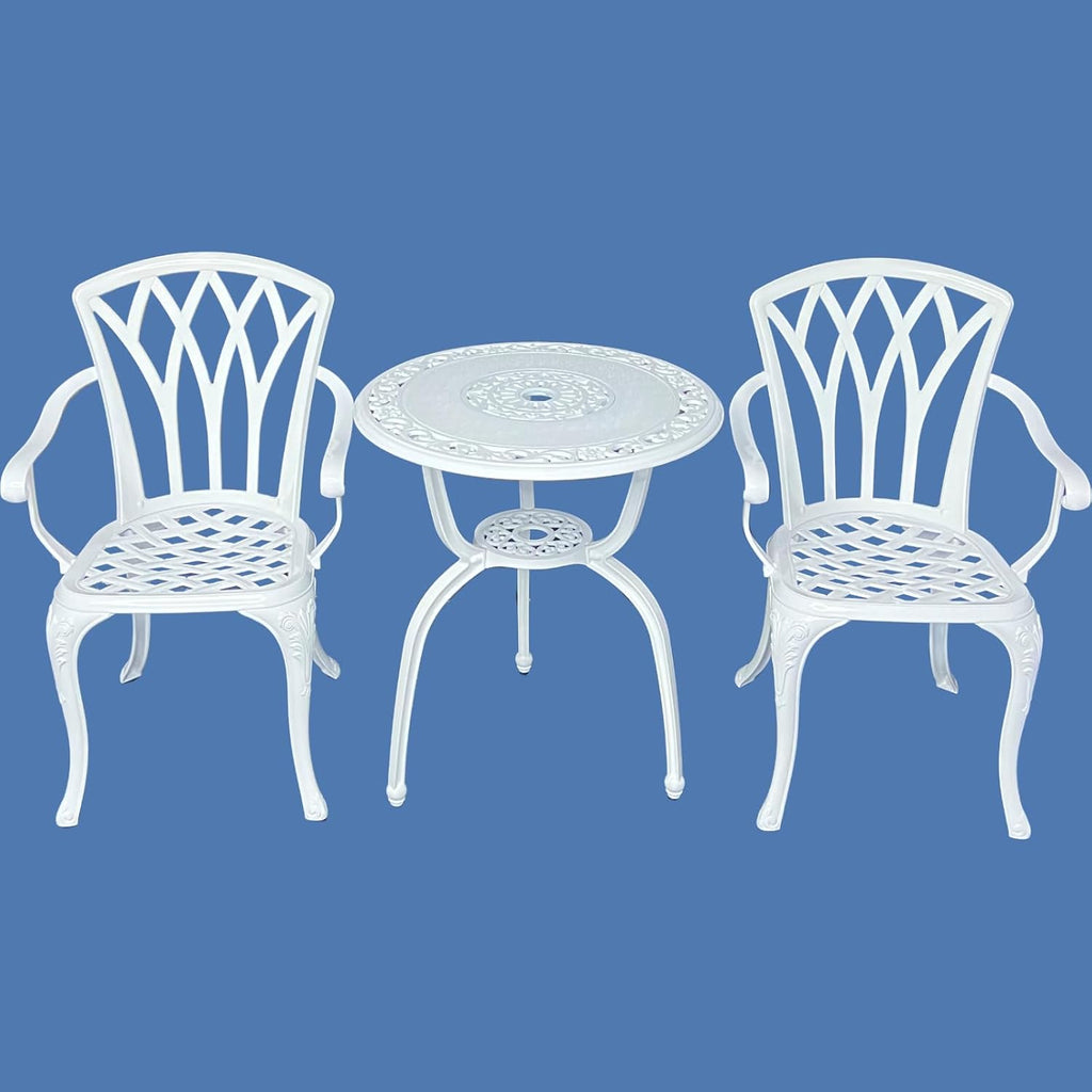 KAILI 3 Piece Bistro Table Set Cast Aluminum Outdoor Patio Furniture with Chair with armrests(White)