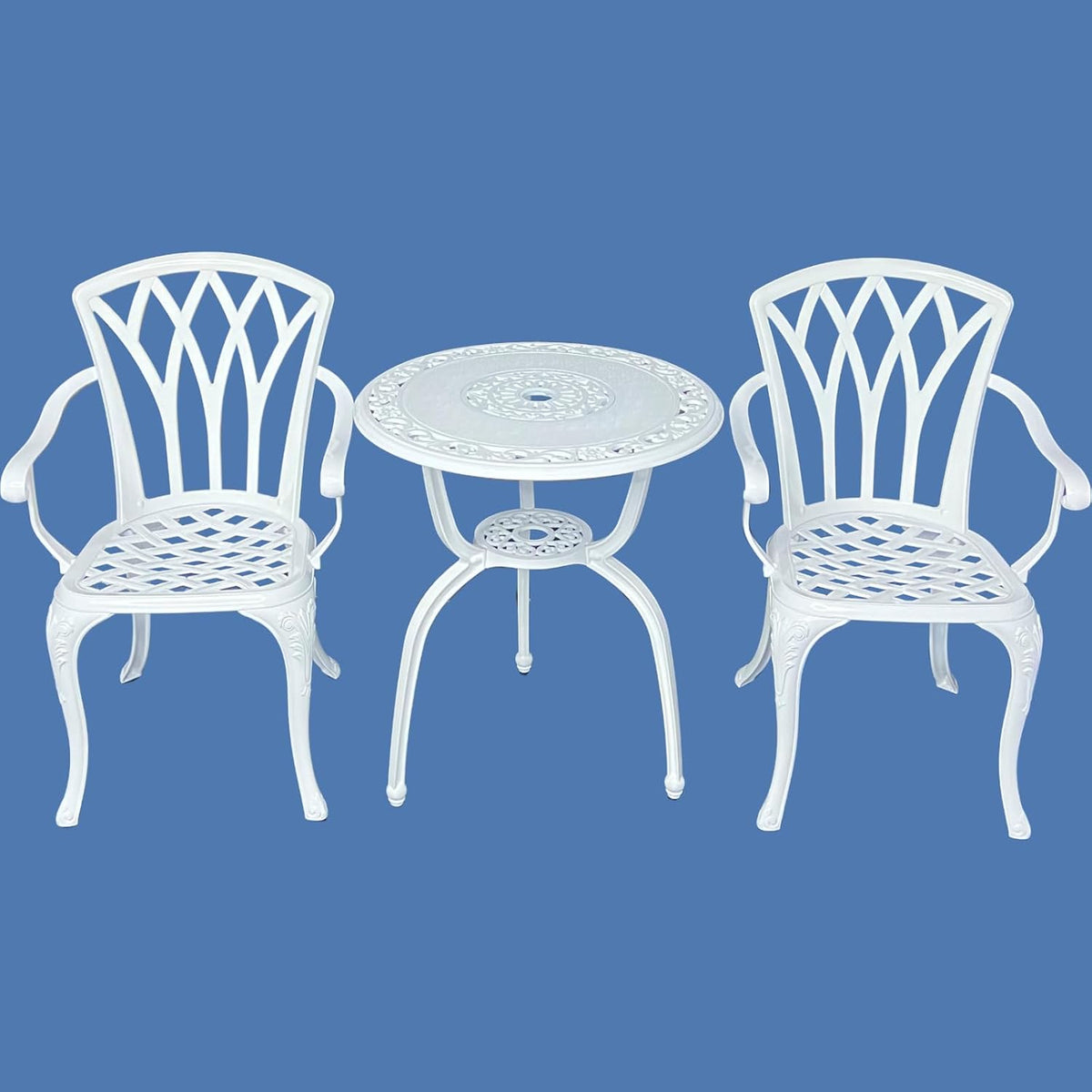 KAILI 3 Piece Bistro Table Set Cast Aluminum Outdoor Patio Furniture with Chair with armrests(White)