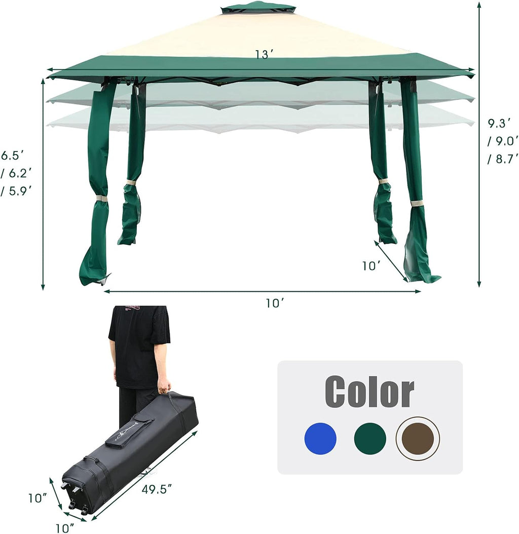 Tangkula 13 x13Ft Pop-Up Gazebo, Outdoor Canopy Shelter w/ 2-Tier Roof, Corner Curtains & 3 Adjustable Heights, Patio Gazebo with 169 Sq.Ft of Shade for Yard, Patio, Beach & Park (Green)