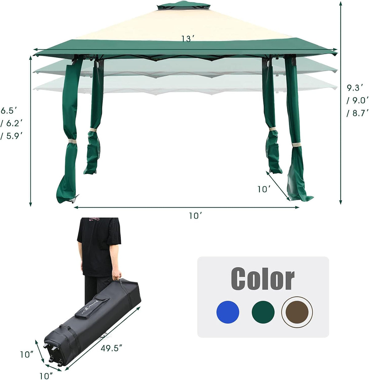 Tangkula 13 x13Ft Pop-Up Gazebo, Outdoor Canopy Shelter w/ 2-Tier Roof, Corner Curtains & 3 Adjustable Heights, Patio Gazebo with 169 Sq.Ft of Shade for Yard, Patio, Beach & Park (Green)