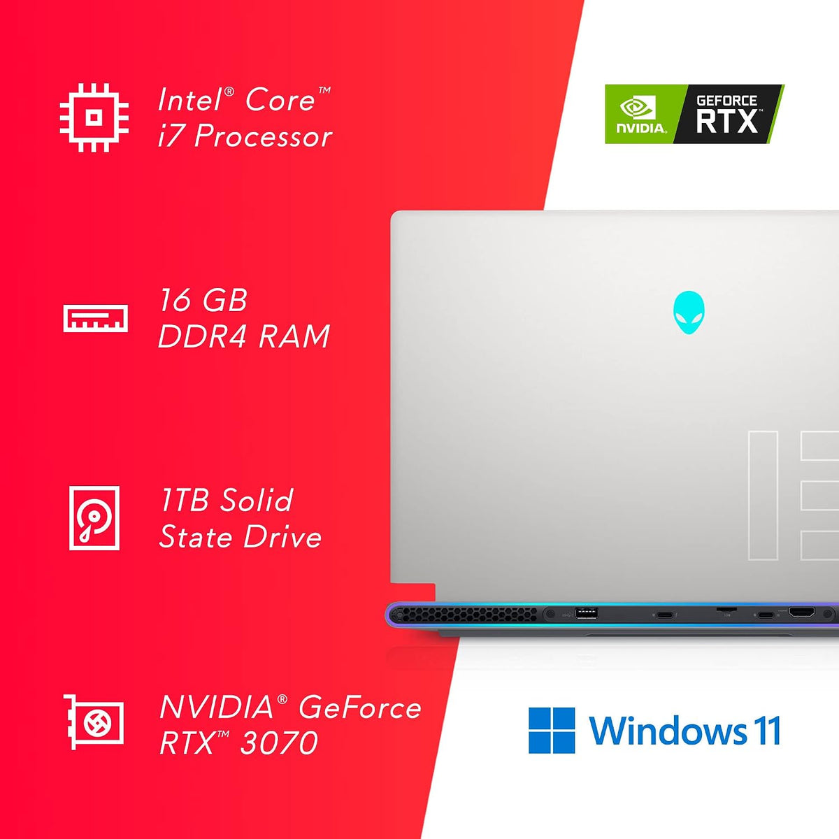 Alienware X15R1 Gaming Laptop - 15.6-inch FHD (1920x1080) 360Hz 1ms Display, Intel Core i7-11800H Processor, 16GB DDR4 RAM, 1TB SSD, NVIDIA GeForce RTX 3070 DDR6 Graphics, Windows 11 Home- Lunar Light