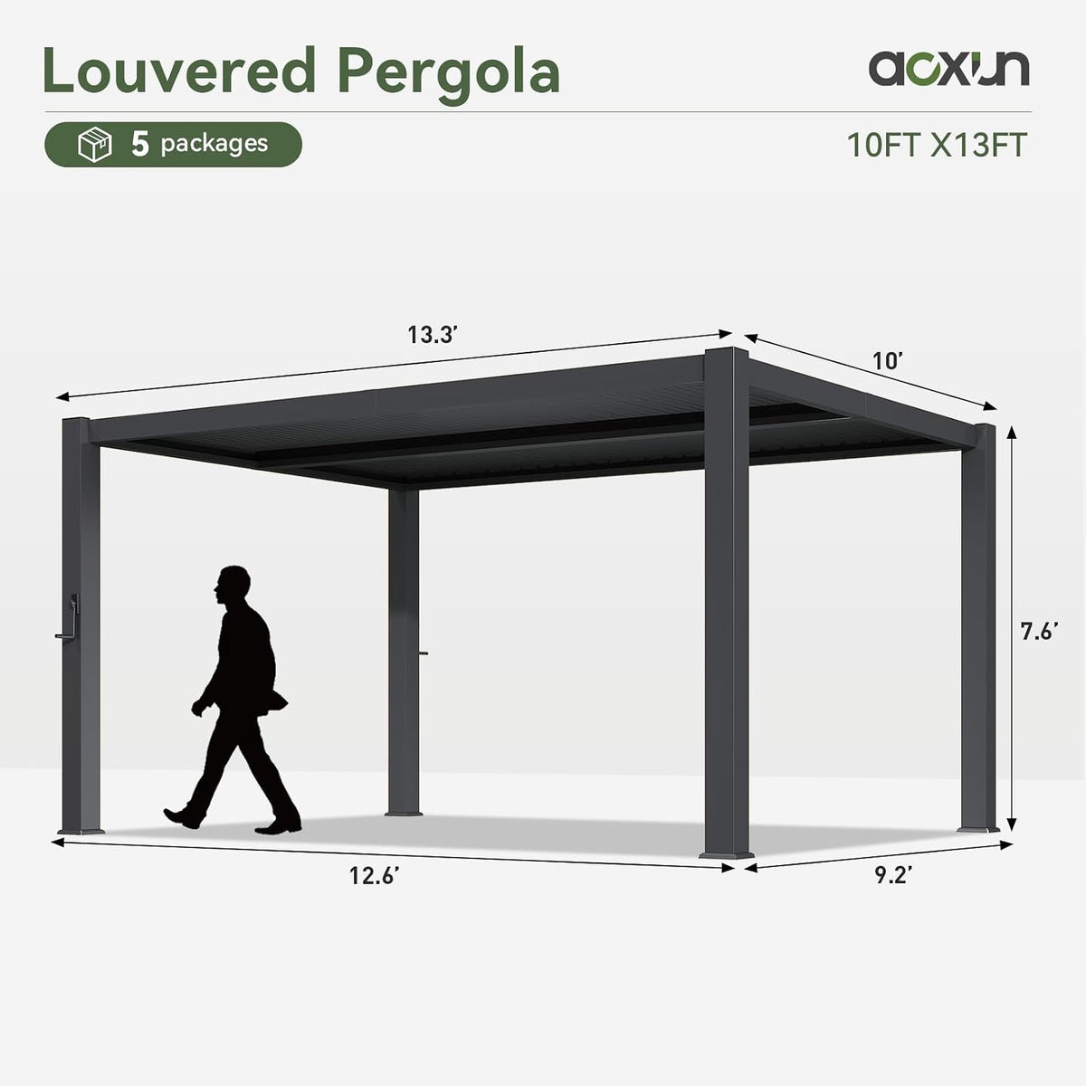 Aoxun Patio Louvered Pergola 10' x 13' 96S Outdoor Metal Pergola with Adjustable Top for Decks, Gardens and Backyards, Easy Assembly via Structural Patent, Gray