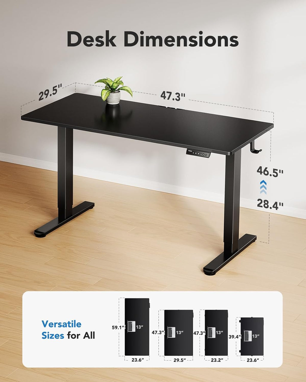HUANUO Electric Standing Desk, Whole Piece Desktop, Adjustable Height Computer Desk, 4 Height Memory Settings, Sit Stand Up Desk for Home Office, 48' x 30', Black