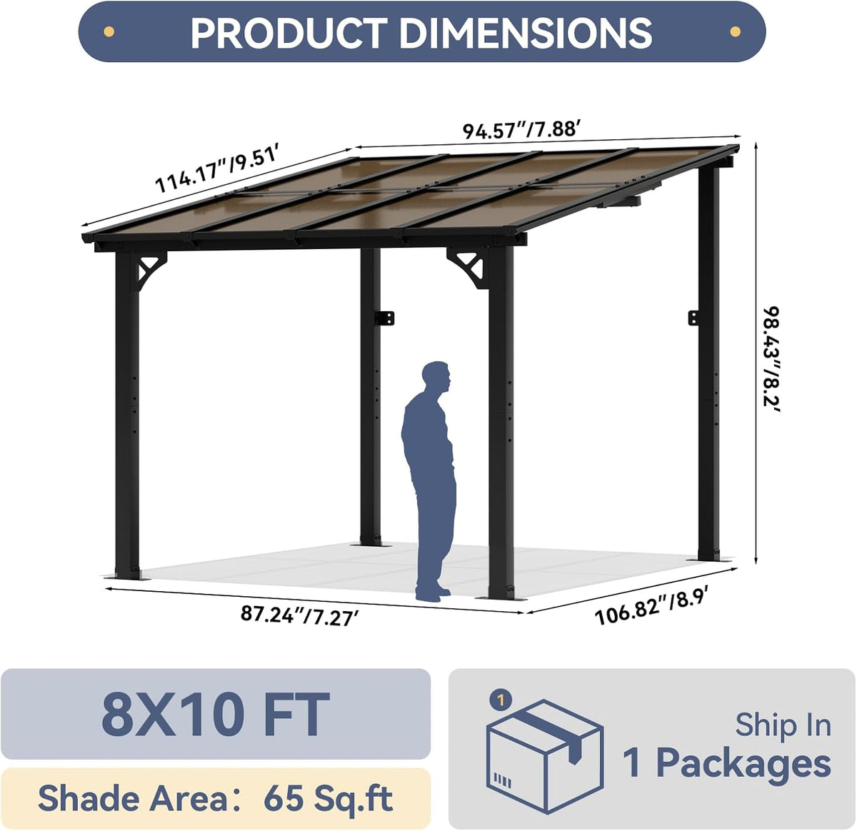 8x10FT Lean to Gazebo, Hardtop Metal Pergola with Polycarbonate Roof, Large Wall Mounted Heavy Duty Awnings, Patio Canopy for Backyard, Deck, Porch, Black