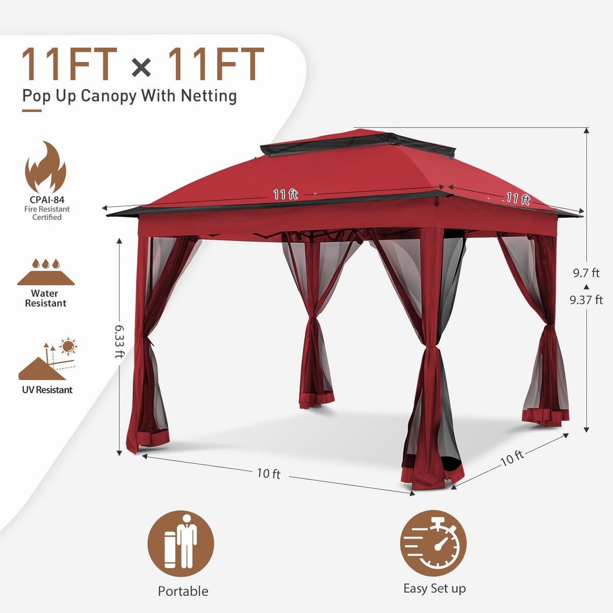 COOS BAY 11x11 Pop Up Gazebo with Mesh Netting, Instant Outdoor Canopy Tent, Water Resistant Shelter with UPF 50+ UV Protection, 121 Sq Ft Coverage, Red