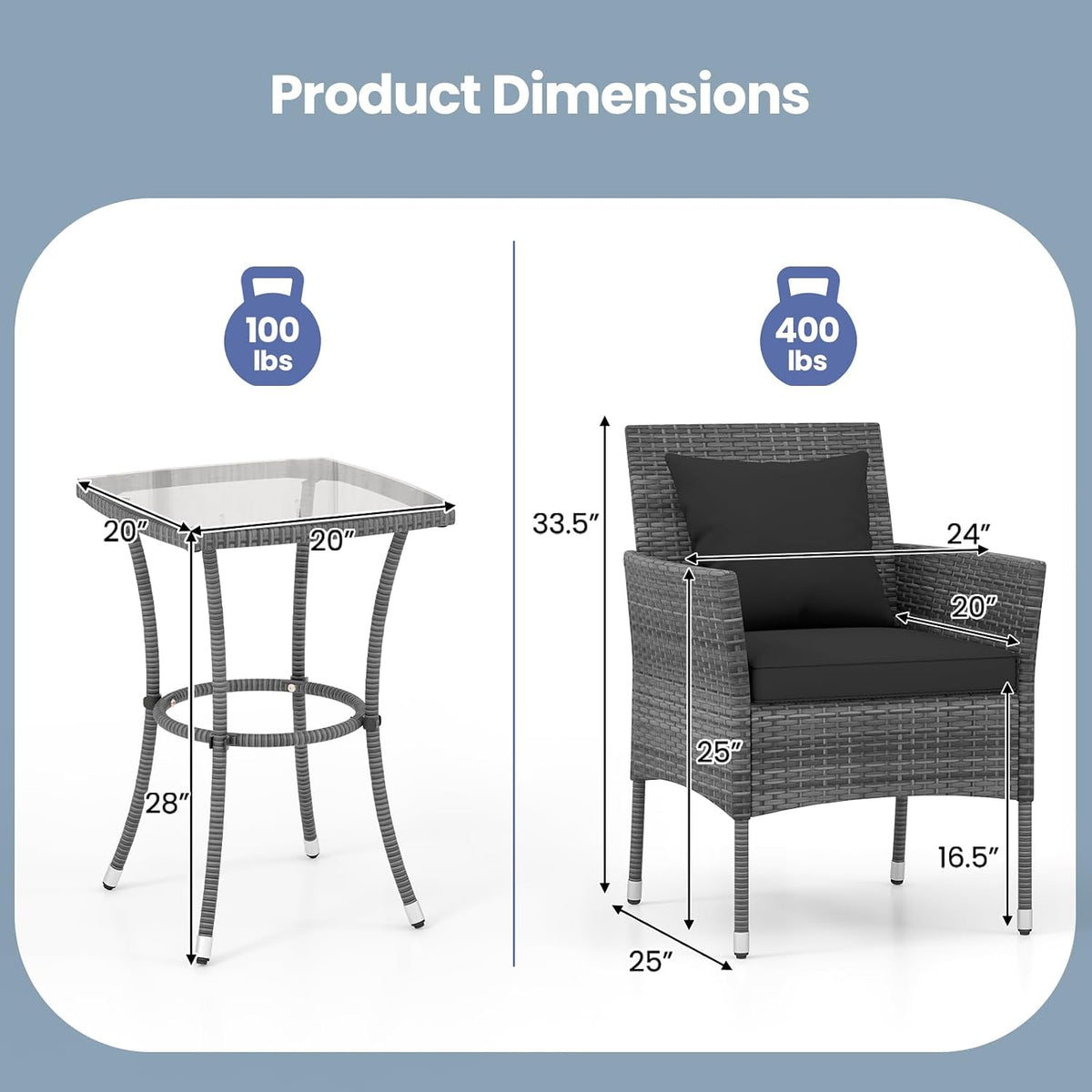 KOTEK 3 Pieces Patio Furniture Set, PE Rattan Outdoor Conversation Set with Tempered Glass Table & Soft Cushions, Wicker Bistro Set for Garden, Porch, Balcony (Black)