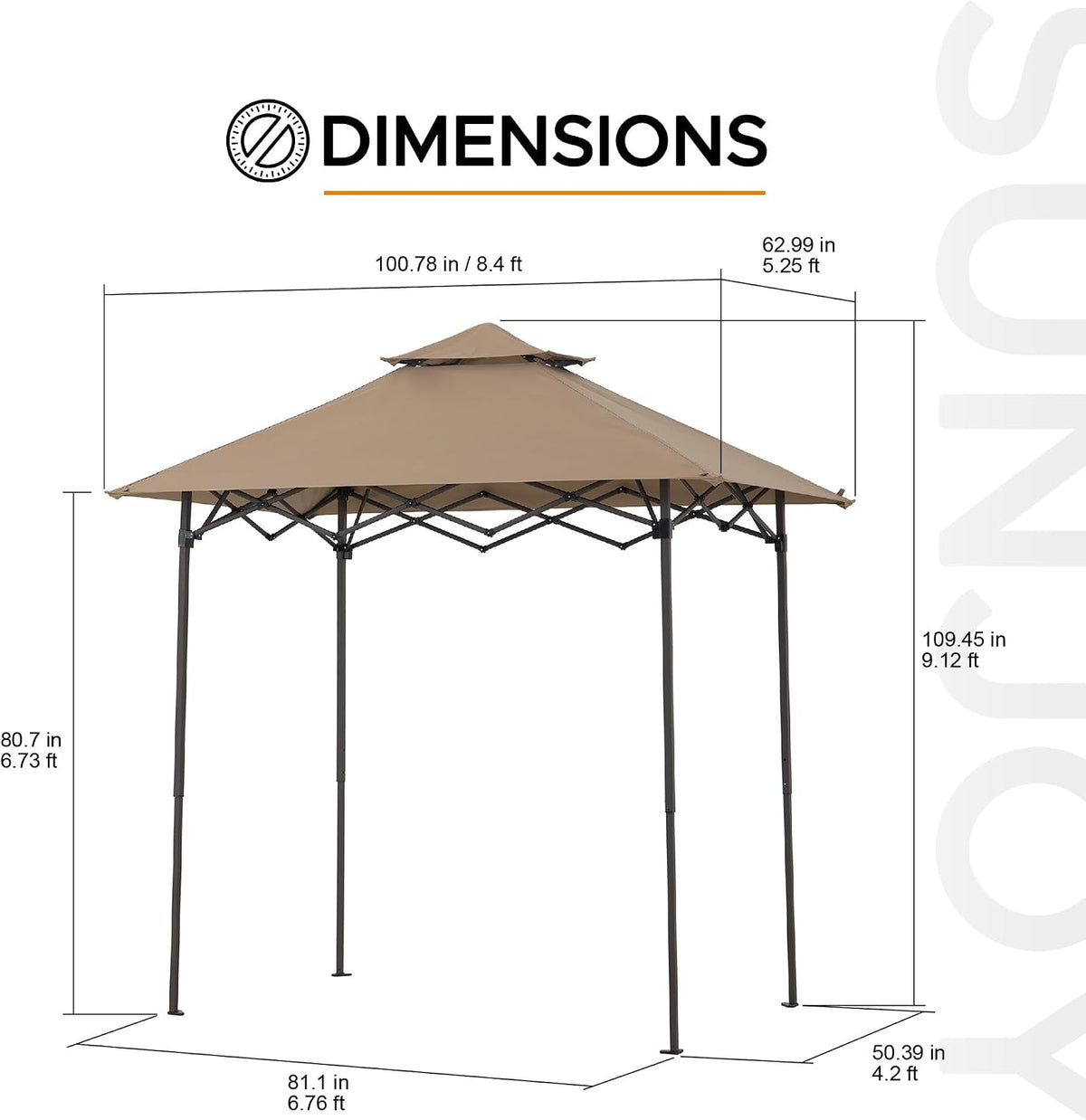 SUNJOY 8 x 5 ft. Grill Gazebo Pop Up Double Tiered Outdoor Gazebo Standing-Height Canopy with Magnetic LED Light, Adjustable Ceiling Height, for BBQ,Picnics, Outdoor Events, Brown
