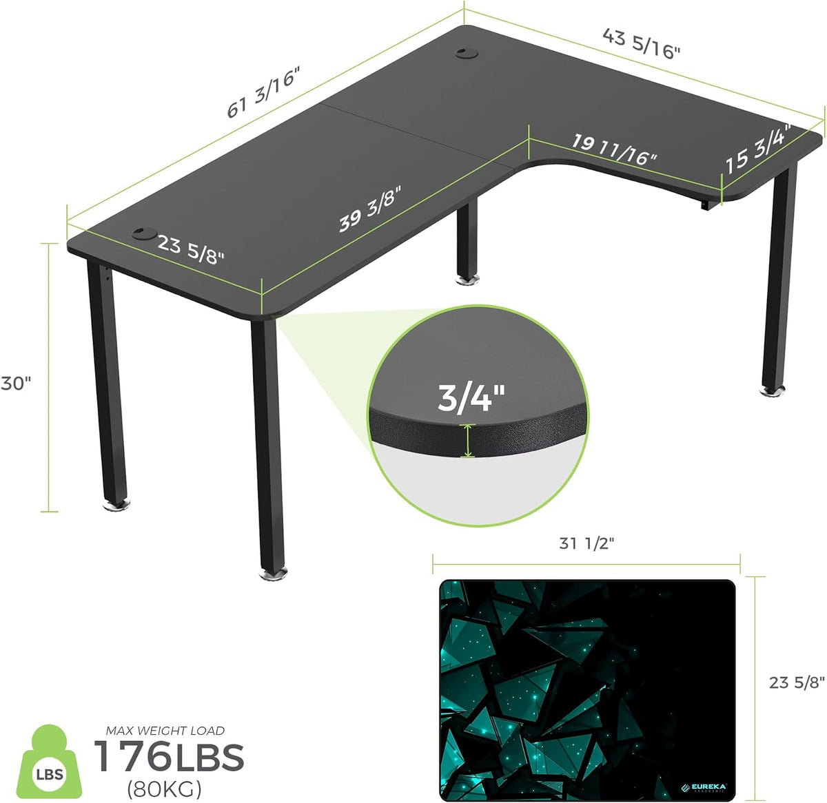 EUREKA ERGONOMIC 60 Inch Black Corner L Shaped Computer Desk, Home Office Gaming Study Work Writing Table Long Large Sturdy Workstation Simple Modern with Metal Legs, Right Side