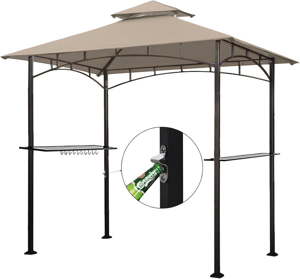 Eurmax USA 5x8 Grill Gazebo Shelter for Patio and Outdoor Backyard BBQ's, Double Tier Soft Top Canopy and Steel Frame with Bar Counters, Bonus LED Light X2(Beige)