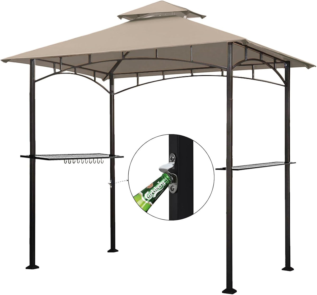 Eurmax USA 5x8 Grill Gazebo Shelter for Patio and Outdoor Backyard BBQ's, Double Tier Soft Top Canopy and Steel Frame with Bar Counters, Bonus LED Light X2(Beige)