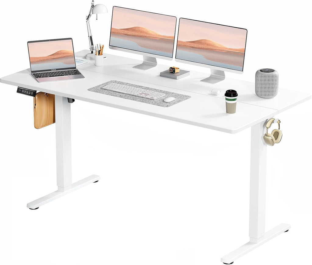 Sweetcrispy Electric Standing Desk Adjustable Height, 63x24 Inch Sit Stand Up Home Office Desks Memory Computer Workstation PC Work Table with Preset Splice Wood Board Metal Frame, White