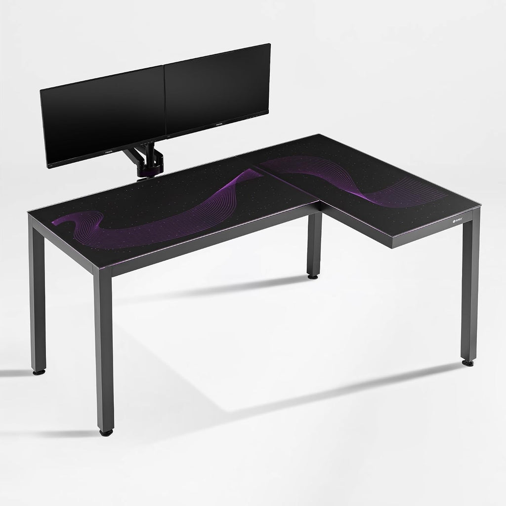 EUREKA ERGONOMIC GTG L Shaped Gaming Desk with LED Glass, Right Side