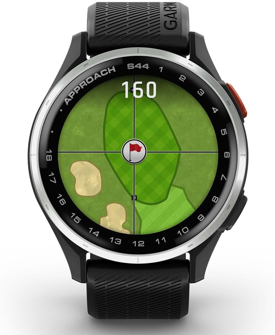 Garmin Approach S44 (Black/Silver) Golf GPS Smartwatch Gift Box Bundle - 1.2' AMOLED Display, On-Course Features & 15H Battery Life with PlayBetter Screen Protectors, Wall Adapter & Hard Case