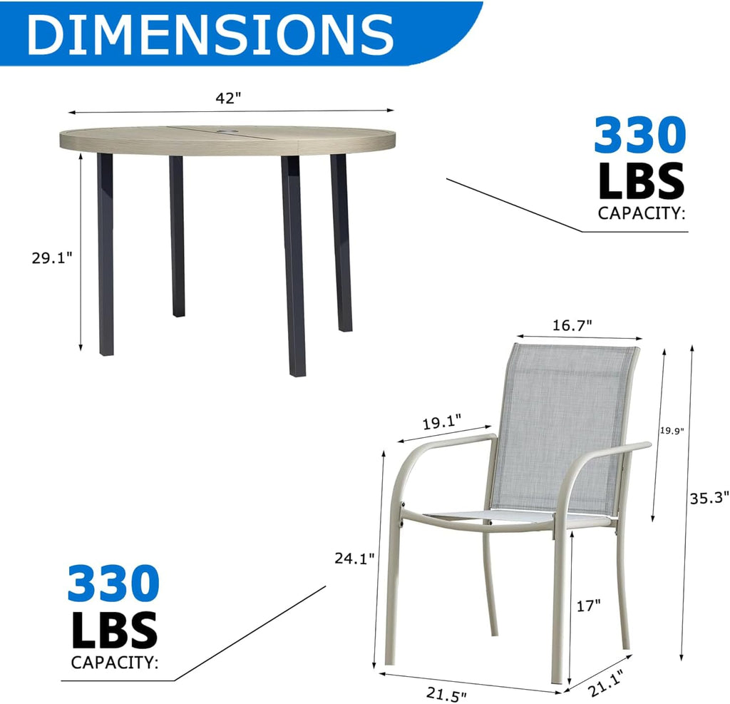 5-Piece Patio Furniture Set, Patio Table and Chairs Set of 4, Ivory Round Patio Table and Beige Chairs, Patio Furniture Set for Garden, Yard, Patio