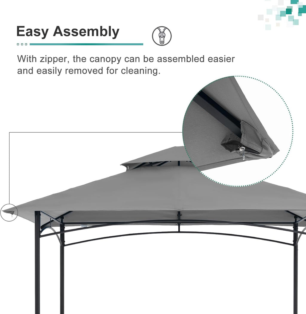 COBANA Grill Gazebo 8'x 5' Outdoor Patio Backyard BBQ Grill Shelter with Side Awning, Double Tiered Soft Canopy Top with Steel Frame and Bar Counters, Gray