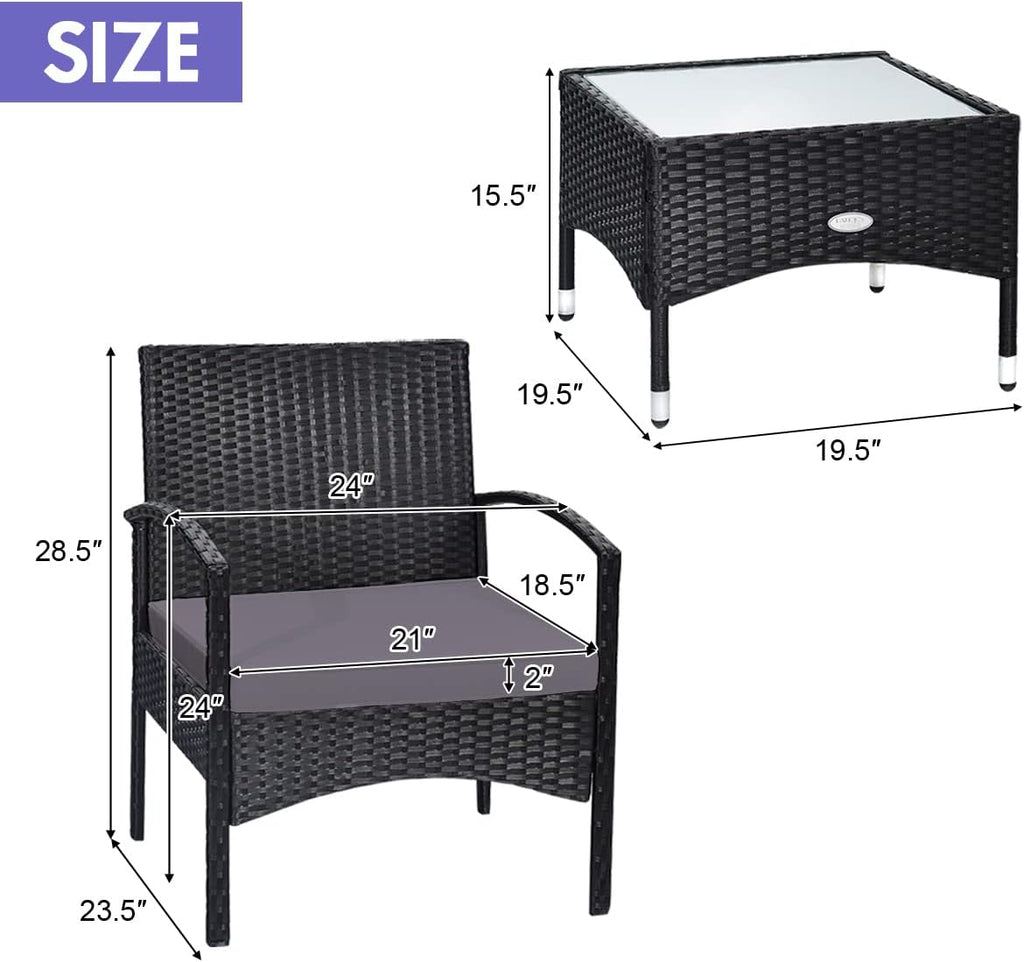 Tangkula 3 Pieces Patio Wicker Rattan Furniture Set, Rattan Chair with Coffee Table, High Load Bearing Chair Conversation Sets for Patio Garden Lawn Backyard Pool