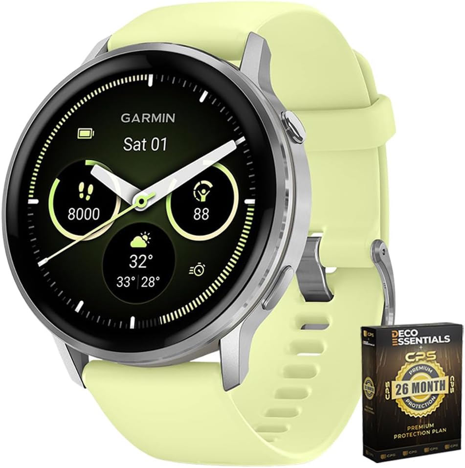 Garmin 010-03014-02 Venu 4, 45 mm Health & Fitness GPS Smartwatch, Silver with Citron Silicone Band Bundle with Deco Essentials Exclusive 26 Month CPS Enhanced Protection Pack