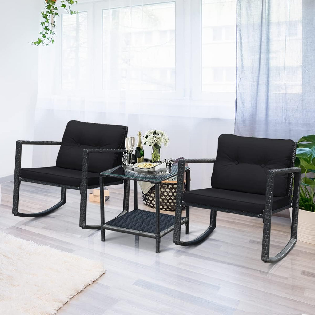 COSTWAY 3 Pieces Patio Rattan Rocking Chair Set, Outdoor Conversation Furniture Sets with Coffee Table, Storage Shelf and Cushions, Modern Bistro Set for Porch, Backyard, Garden, Black