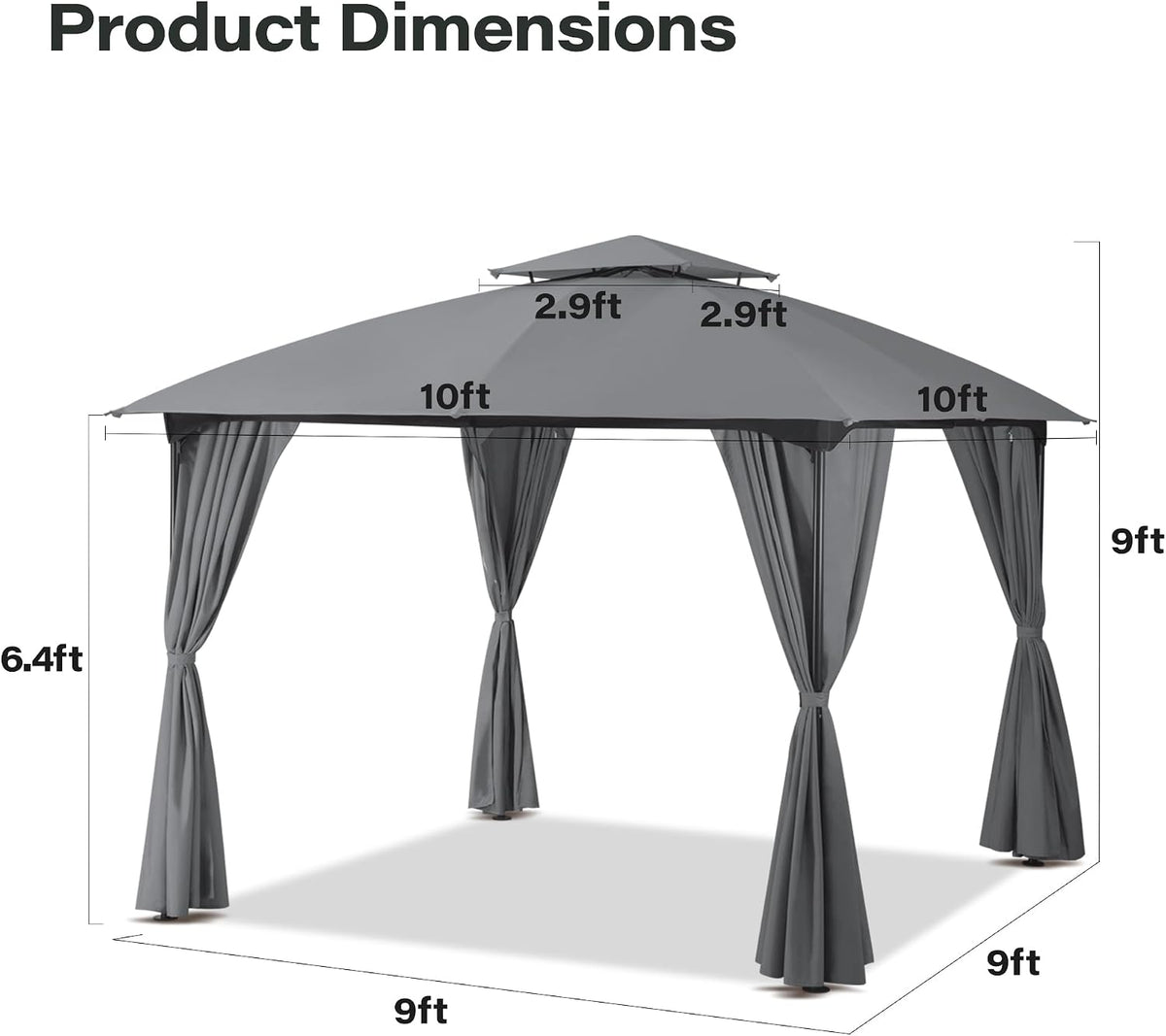 LAUSAINT HOME 10'x10' Patio Arc Gazebo, Outdoor Canopy Tent with Curved Roof Design, Double Tier Top, Privacy Curtains & Wind-Resistant Ropes, Backyard Garden Lawn, Gray