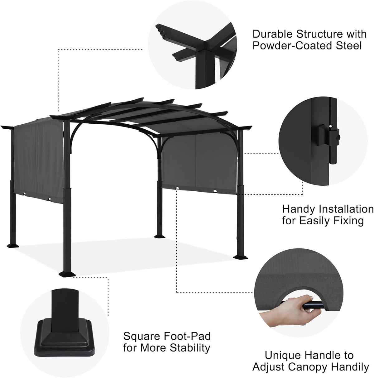 ABCCANOPY Outdoor Pergola 10'x12', Arched Patio Gazebo with Retractable Sun Shade, Dary Gray