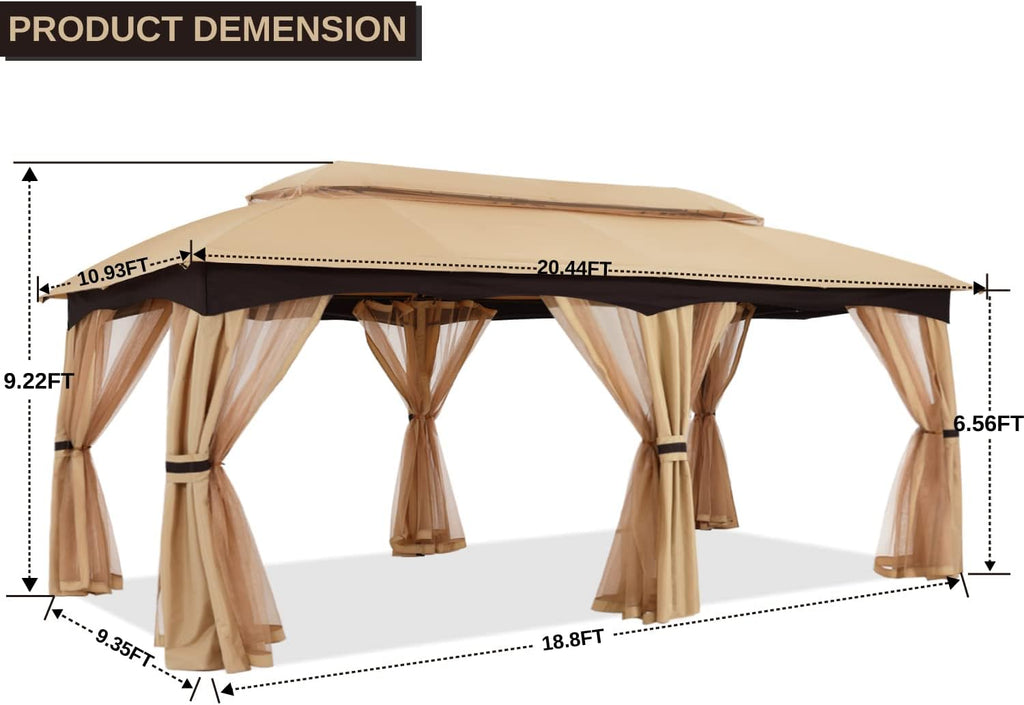 ABCCANOPY 10x20 Outdoor Gazebo - Patio Gazebo with Mosquito Netting, Outdoor Canopies for Shade and Rain for Lawn, Garden, Backyard & Deck (Beige)