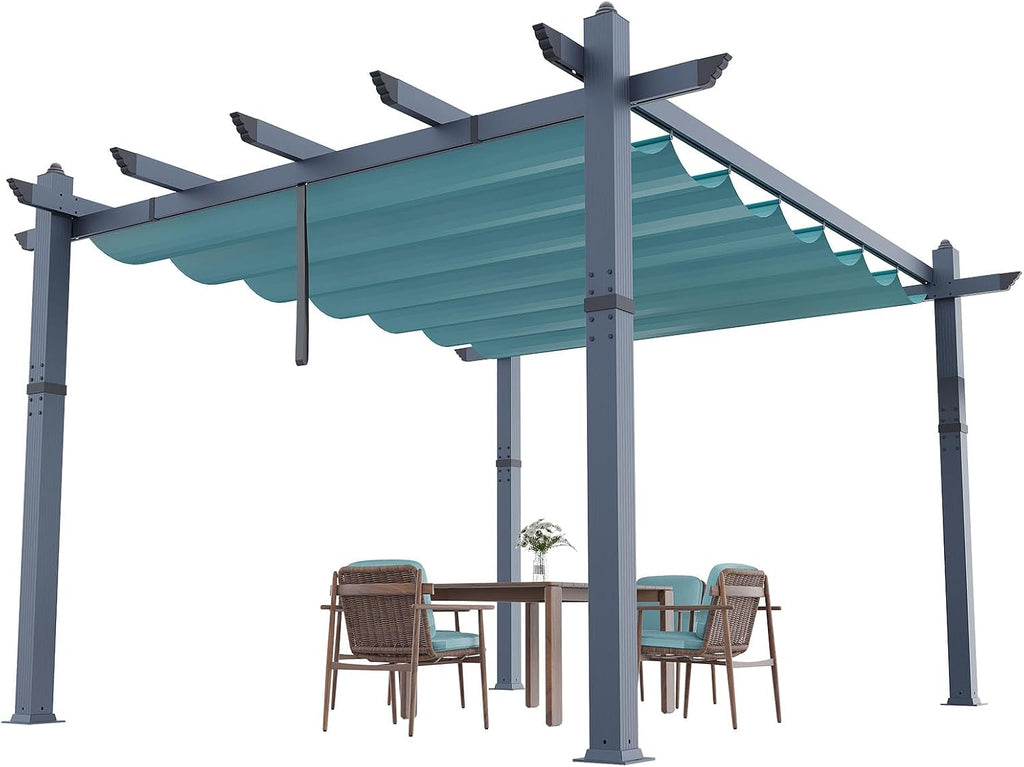 KYBOLT 10x13 Ft Aluminum Pergola with Retractable Canopy Metal Gazebo for Garden Backyard Deck Porch Grape Trellis(Blue)