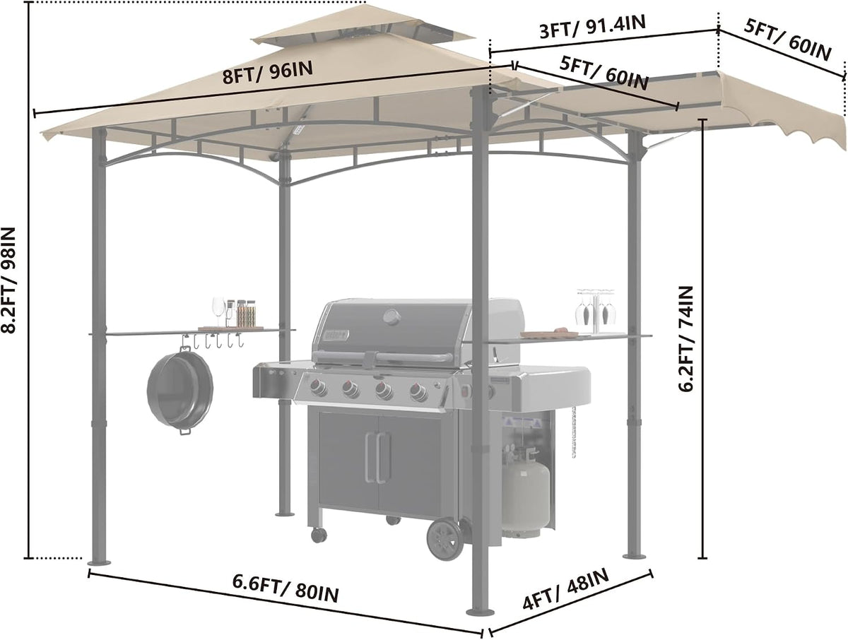 MASTERCANOPY 11 x 5 Grill Gazebo with Extra Side Awning Outdoor BBQ Gazebo with 2 LED Lights for Patio Party Backyard Picnic(Khaki)