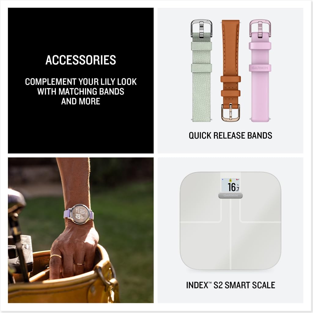 Garmin Lily® 2 Active, Small and Stylish Smartwatch, Built-in GPS, Hidden Display, Patterned Lens, Up to 9 Days Battery Life, Silver with Purple Jasmine Silicone Band