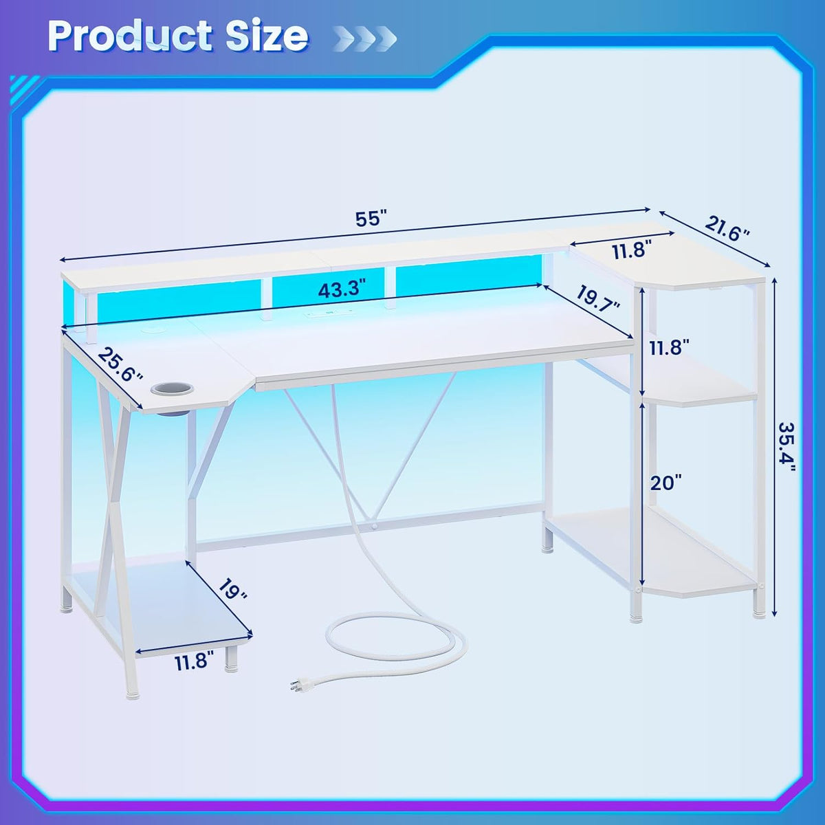 SEDETA White Gaming Desk 55'' with LED Lights and Storage Shelves, Computer Desk with Monitor Stand, Power Outlets and Cup Holder, Large PC Gamer Desk, Gaming Table for Bedroom, Living Room