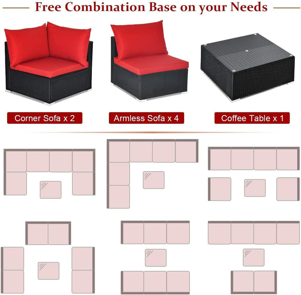 HAPPYGRILL 7pcs Patio Furniture Set Outdoor Rattan Wicker Sectional Sofa Set with Cushions & Pillows & Coffee Table for Garden Lawn