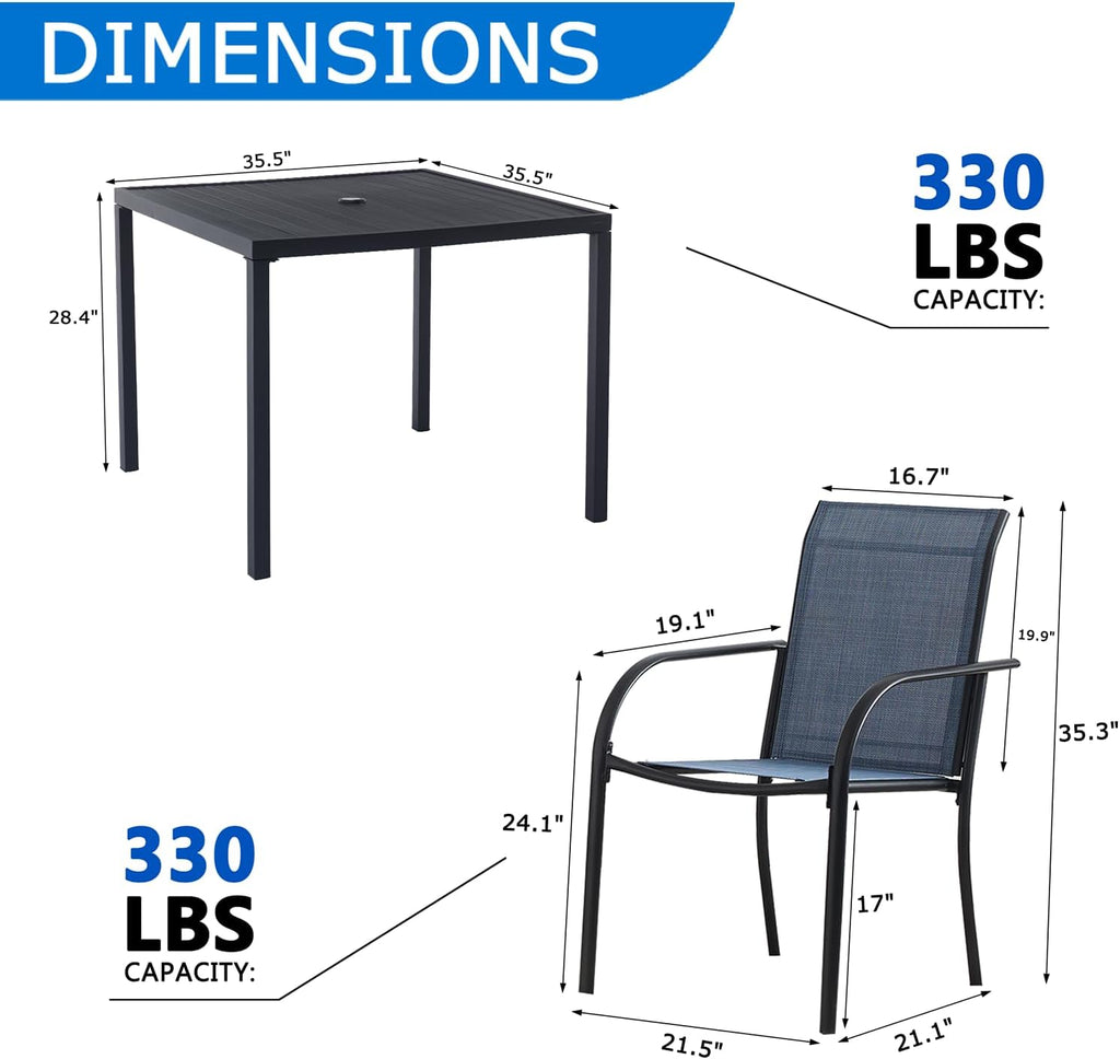 5-Piece Outdoor Dining Set, 35.5' Square Metal Patio Table with Dark Blue Chairs, Black Table with Umbrella Hole for Garden, Yard, Patio
