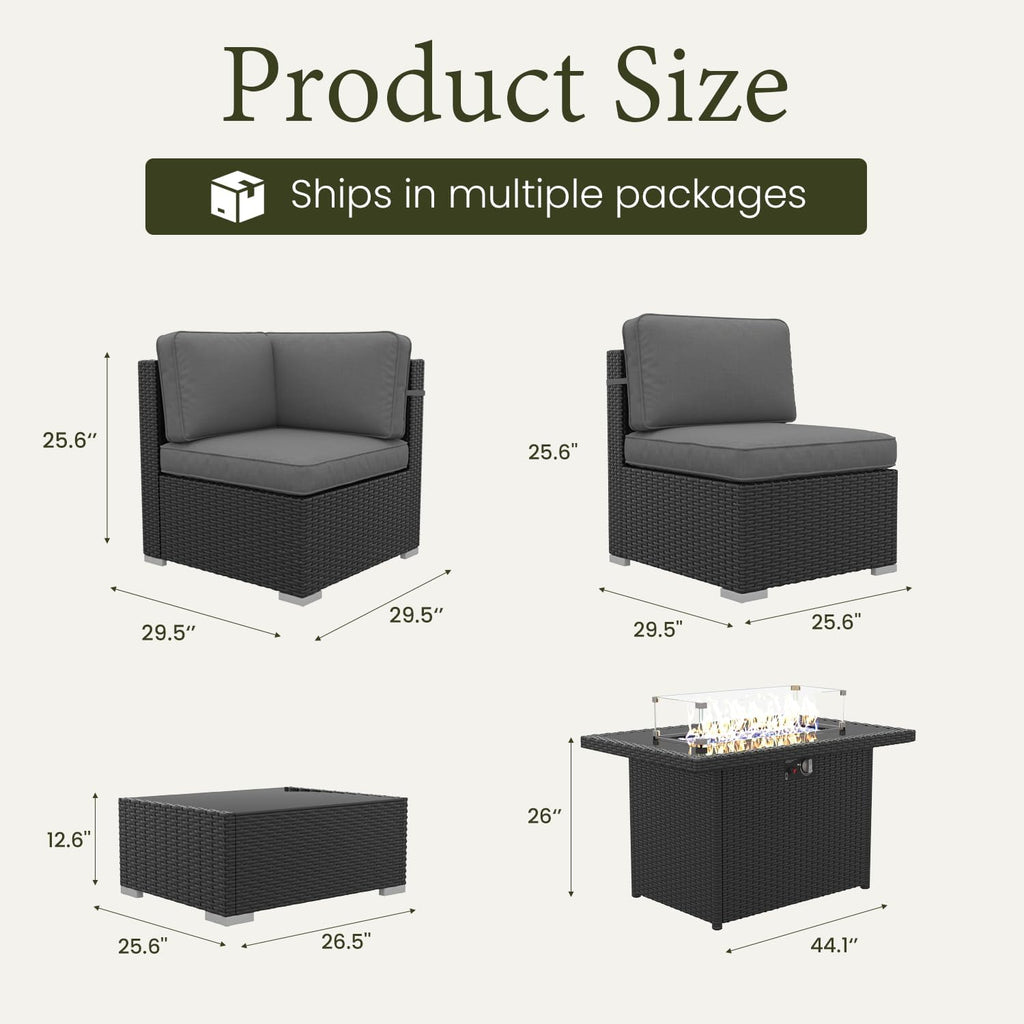 LayinSun 8 Piece Patio Furniture Set with 44' Propane Gas Fire Pit Table, Outdoor Sectional Conversation Set Wicker Rattan Sofa Set with Coffee Table