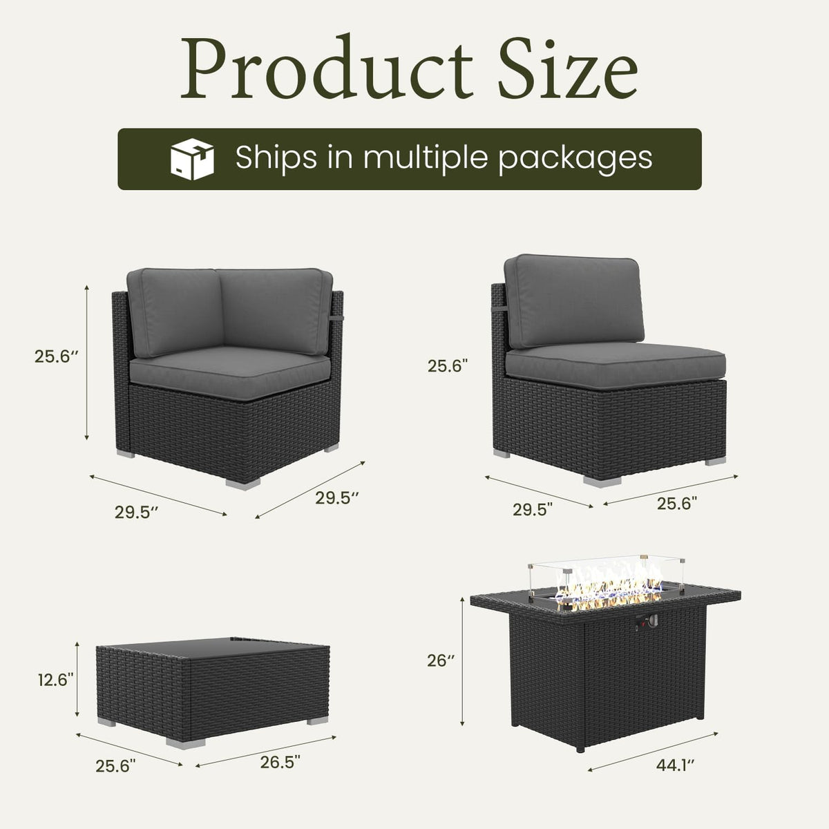 LayinSun 8 Piece Patio Furniture Set with 44' Propane Gas Fire Pit Table, Outdoor Sectional Conversation Set Wicker Rattan Sofa Set with Coffee Table