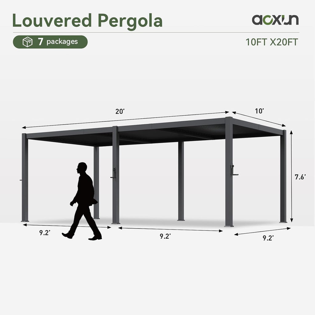 Aoxun Louvered Pergola 10' x 20' 96S Outdoor Metal Pergola with Adjustable Top for Patio, Decks, Gardens and Backyards, Easy Assembly via Structural Patent, Gray