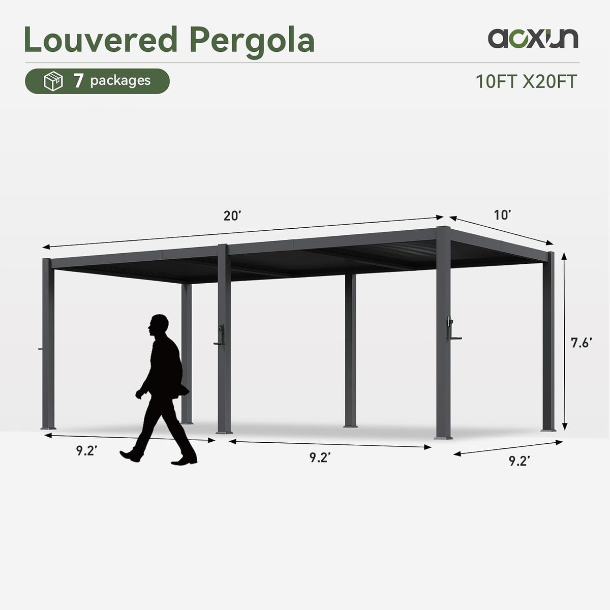 Aoxun Louvered Pergola 10' x 20' 96S Outdoor Metal Pergola with Adjustable Top for Patio, Decks, Gardens and Backyards, Easy Assembly via Structural Patent, Gray