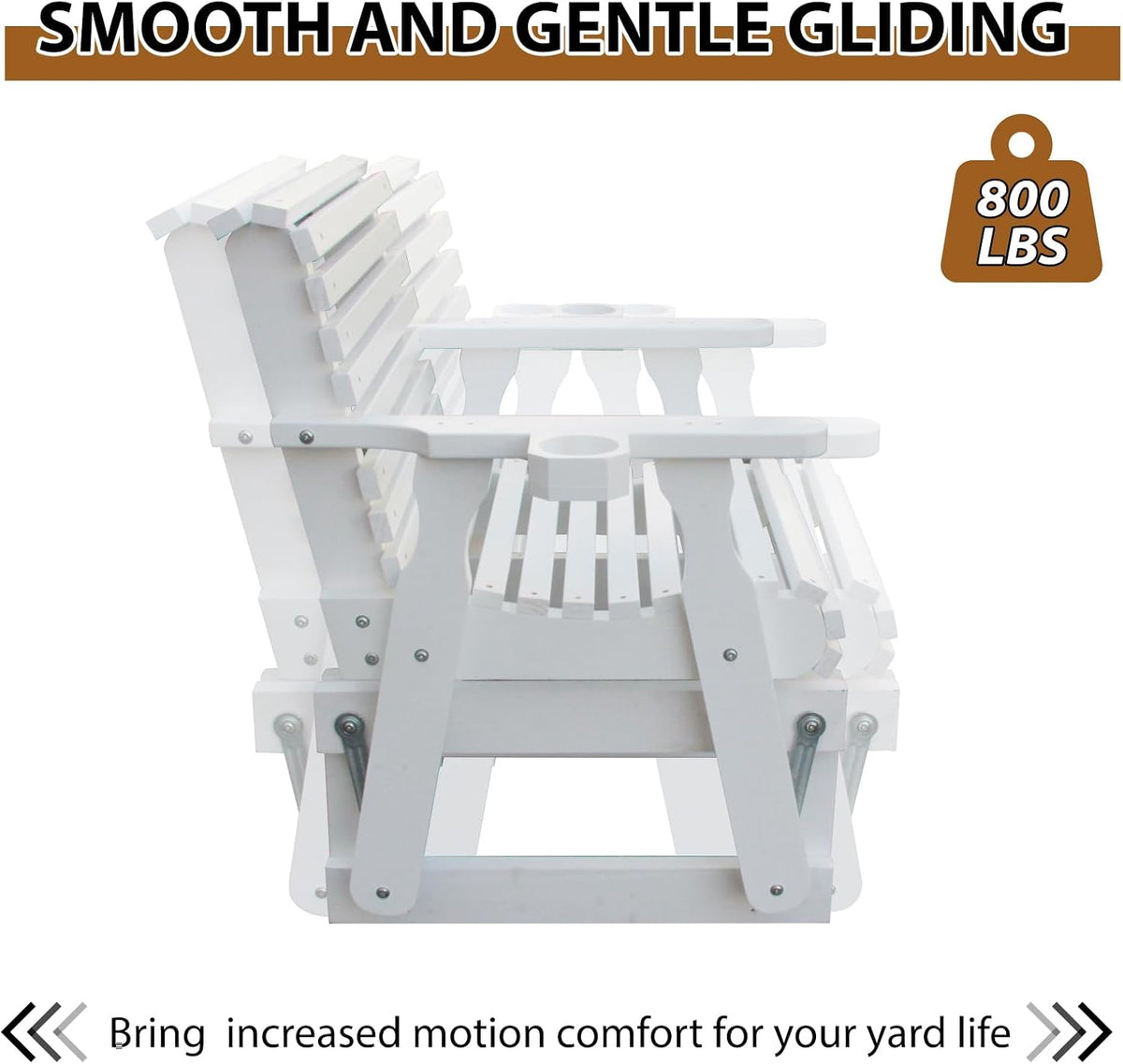 Outdoor Glider Chair,2-Seater Wooden Glider Patio Furniture Set with Table, Cupholder, High Back and Deep Contoured Seater, for Porch, Patio and Balcony, White