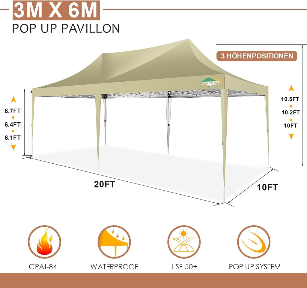 COBIZI 10x20 Pop up Canopy Tent with 6 Sidewalls, Easy Set up Canopy Tents Gazebos for Parties with Metal Frame, Waterproof & UV50+, Height Adjustable, Potable Carry Bag (Khaki)