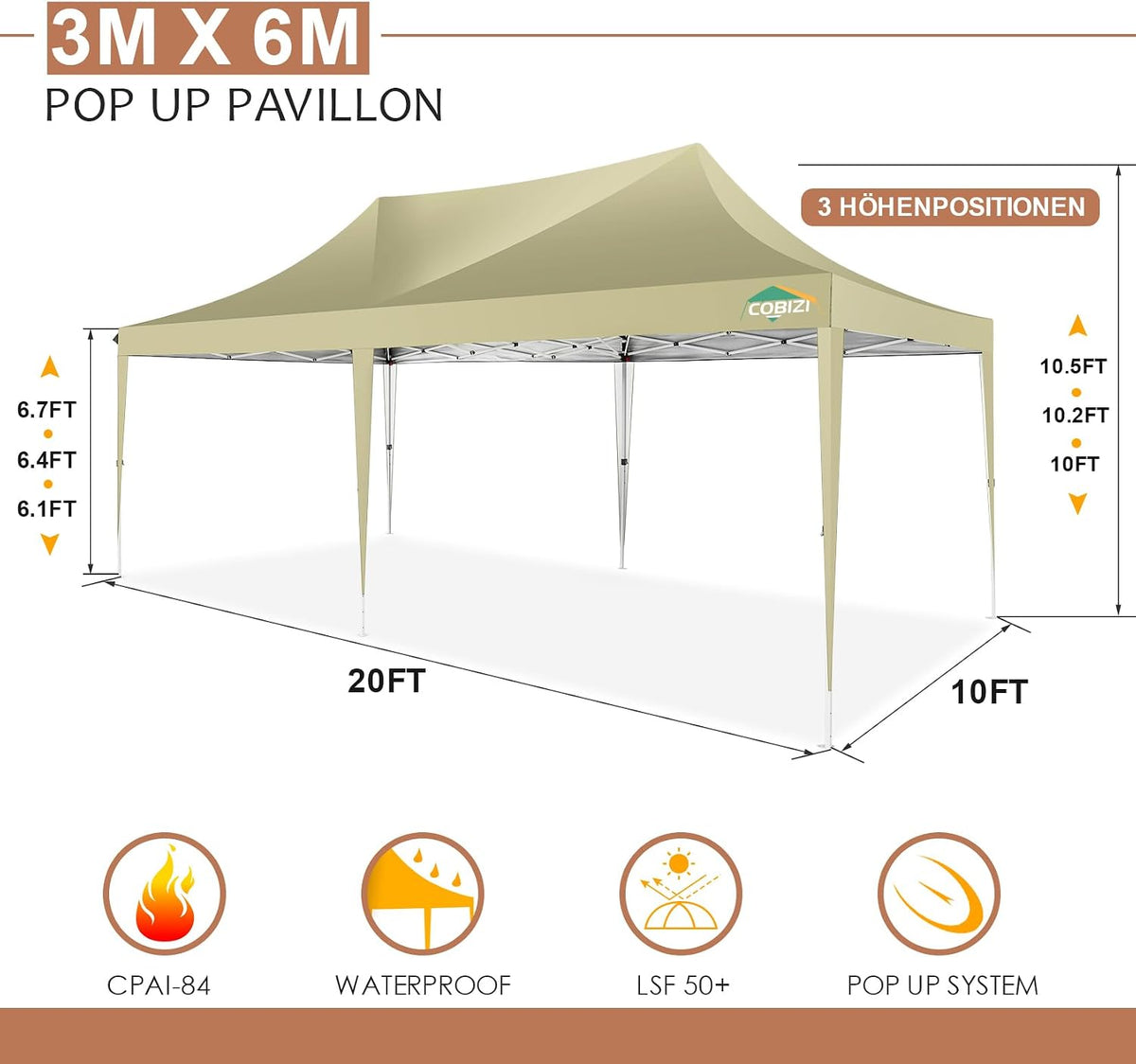 COBIZI 10x20 Pop up Canopy Tent with 6 Sidewalls, Easy Set up Canopy Tents Gazebos for Parties with Metal Frame, Waterproof & UV50+, Height Adjustable, Potable Carry Bag (Khaki)