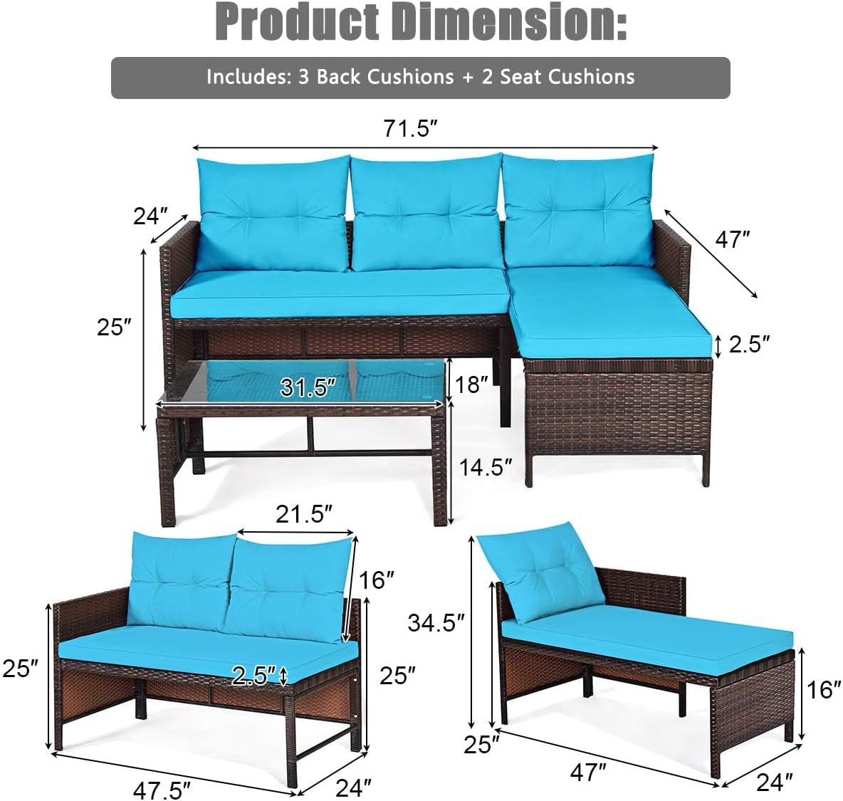 HAPPYGRILL 3 Pieces Rattan Wicker Patio Conversation Set, Outdoor Sofa Table Set with Steel Frame & Seat Cushion, Porch Furniture Set for Garden Lawn Pool Backyard