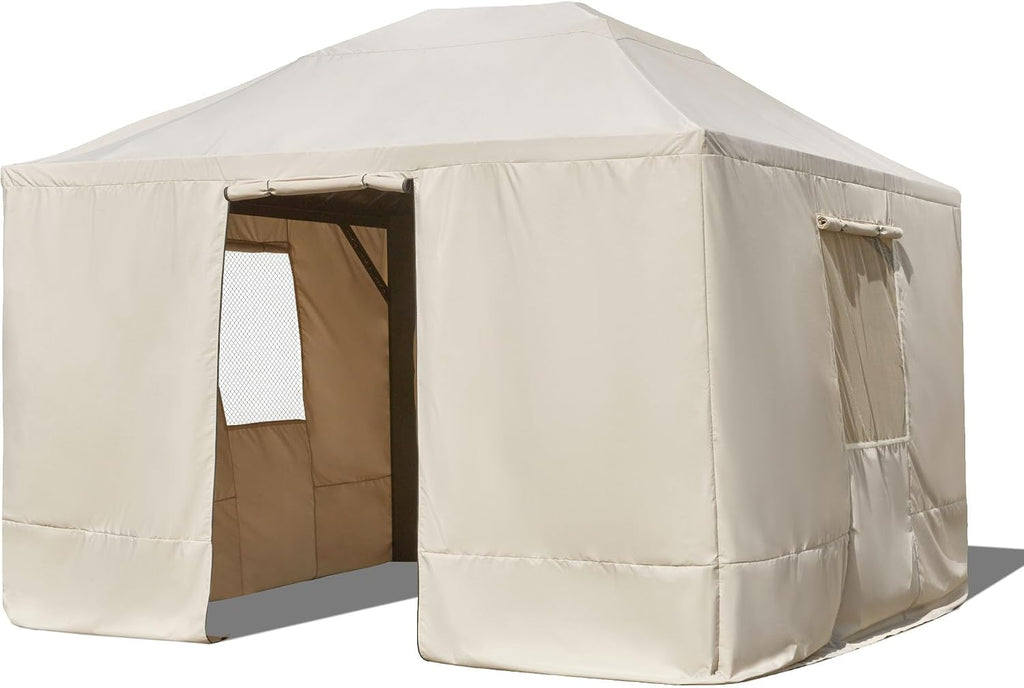 EROMMY Gazebo Cover for 10'x13' Gazebos,Outoor Winter Gazebo Cover with Sidewalls and Mesh Windows,Convert Gazebo into a Storage Space,Beige(Gazebo not Included)